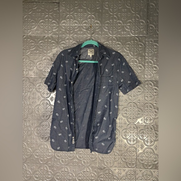 True Craft button up down collared short sleeve dark blue shirt American flag - Picture 1 of 5